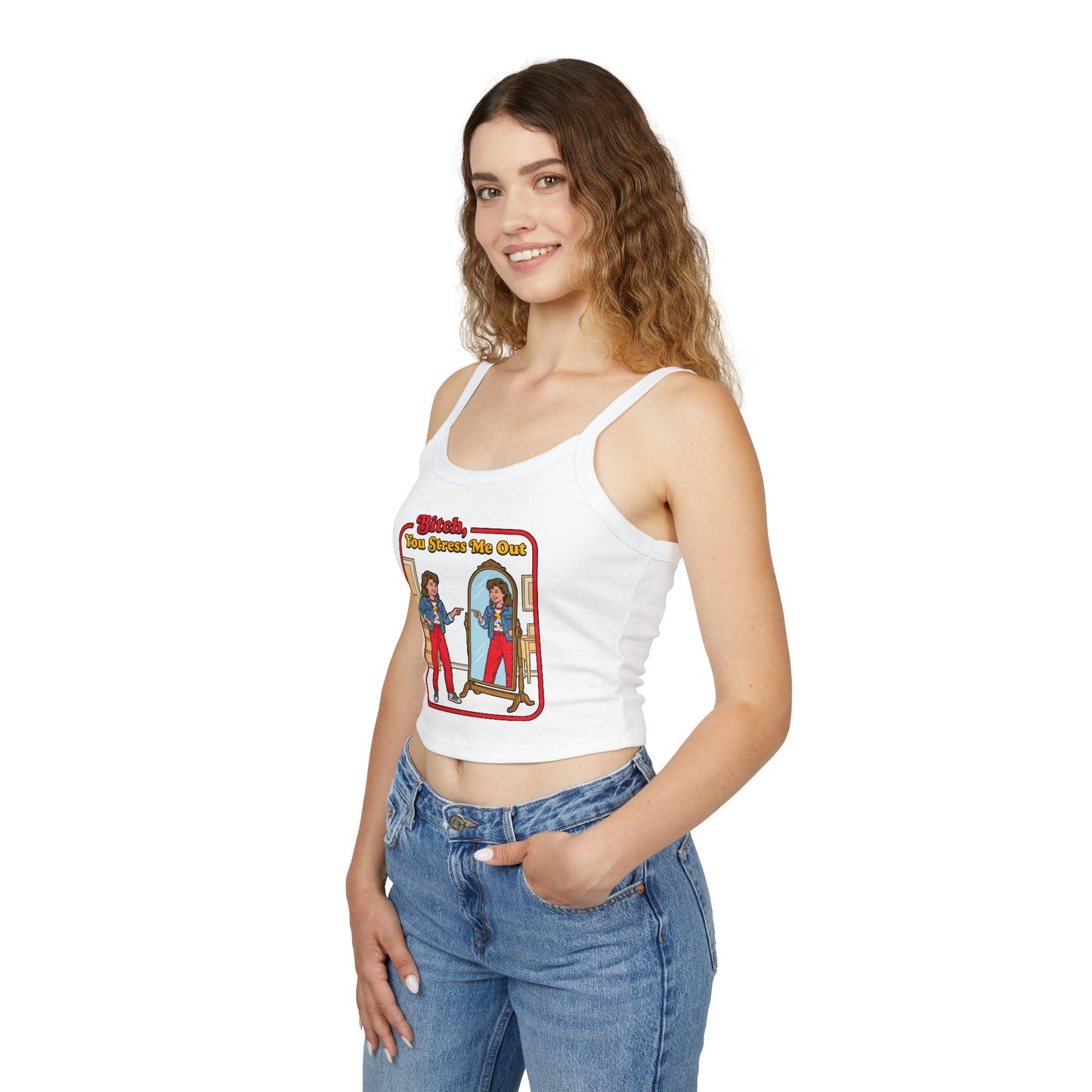 Vintage 'Bitch, You Stress Me Out' Women's Spaghetti Tank Top — Retro Mirror Graphic Crop