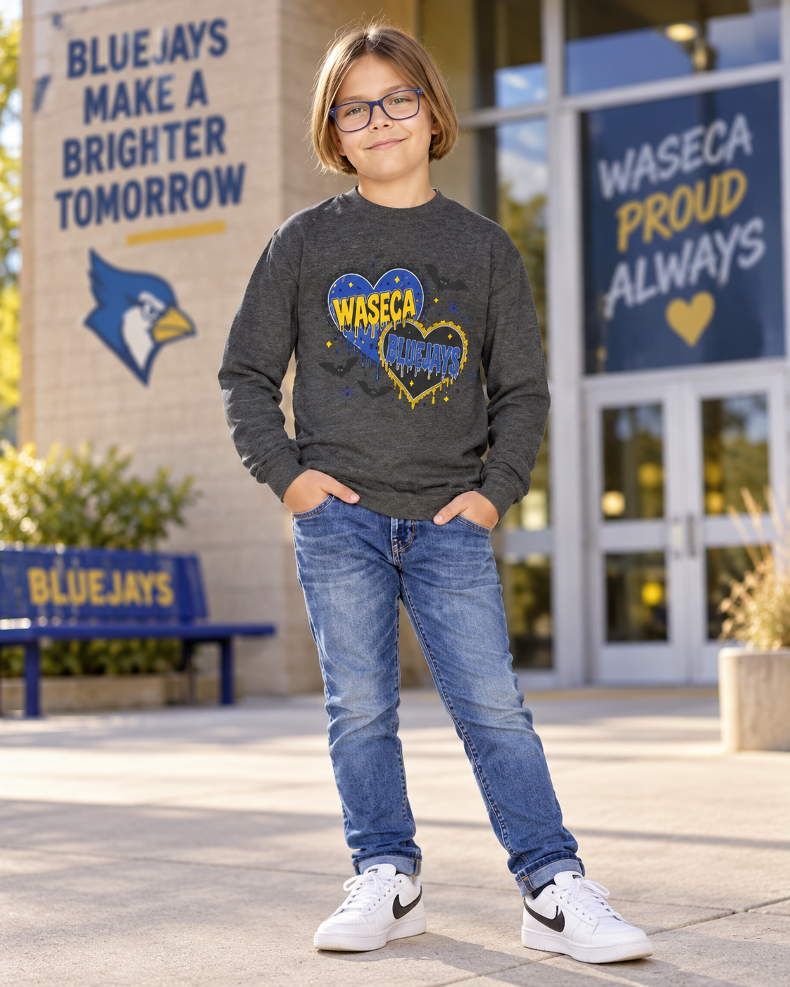 Waseca Warriors Youth Crewneck Sweatshirt — Blue & Gold Heart Graphic