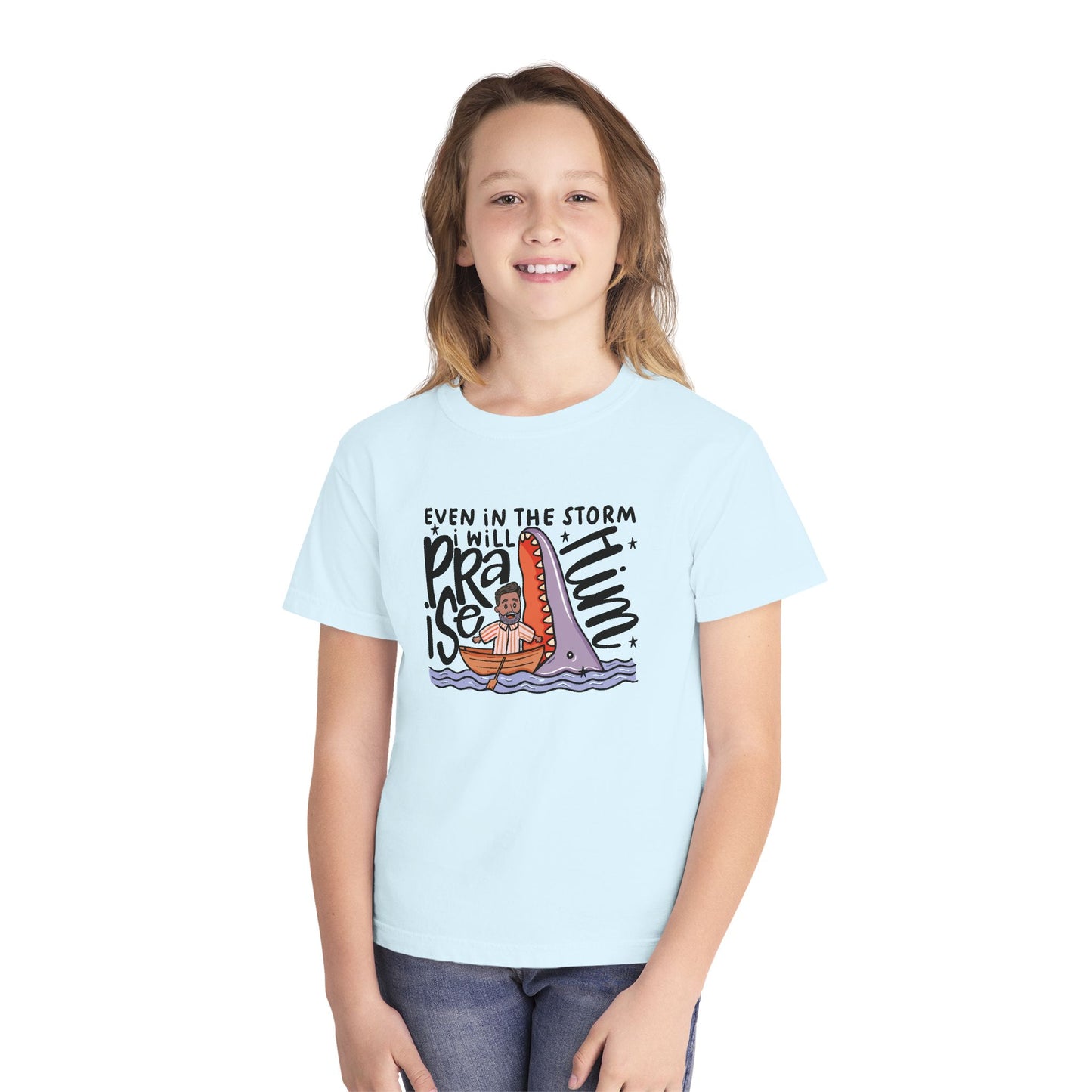 Youth Tee — "Even in the Storm I Will Praise Him" Christian Kids Prayer T‑Shirt