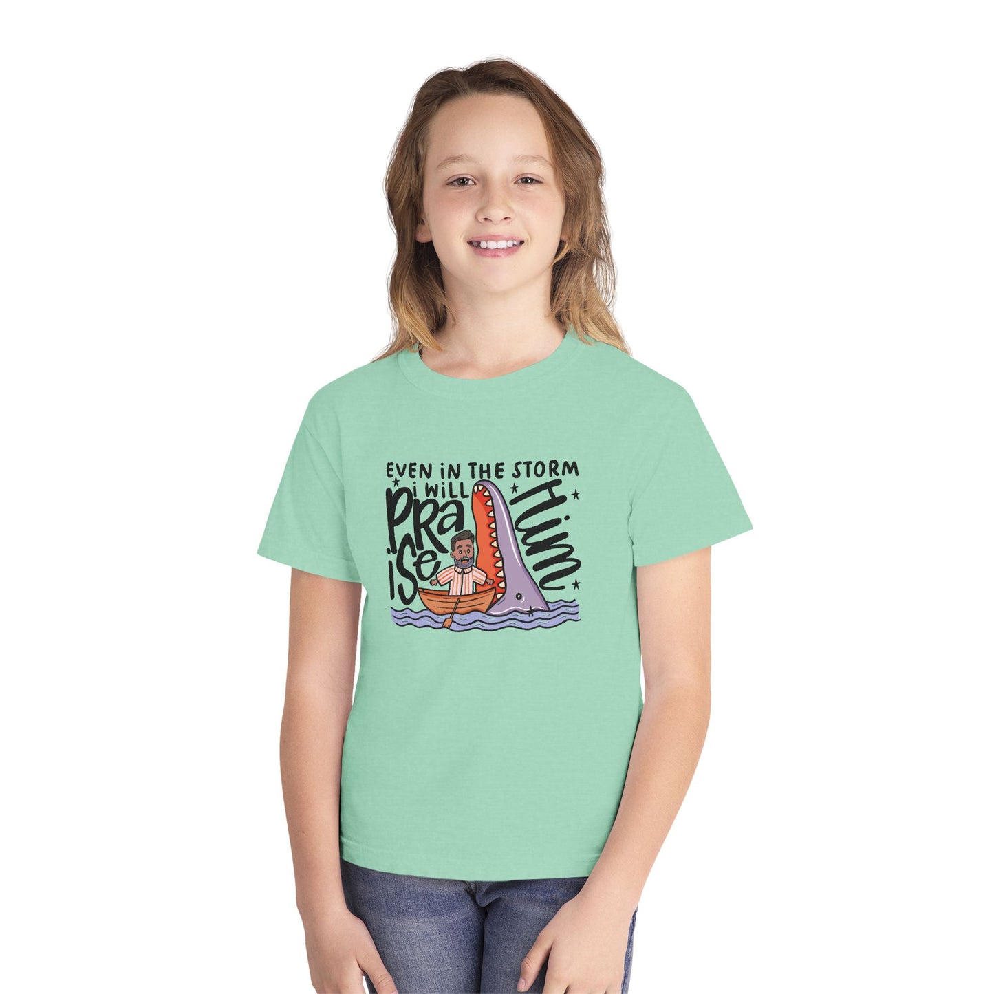 Youth Tee — "Even in the Storm I Will Praise Him" Christian Kids Prayer T‑Shirt