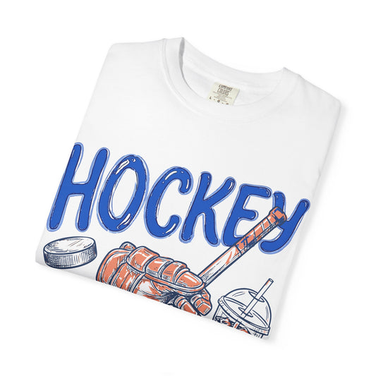 Hockey Moms Club T-Shirt — Vintage Hockey Glove, Stick & Coffee Graphic