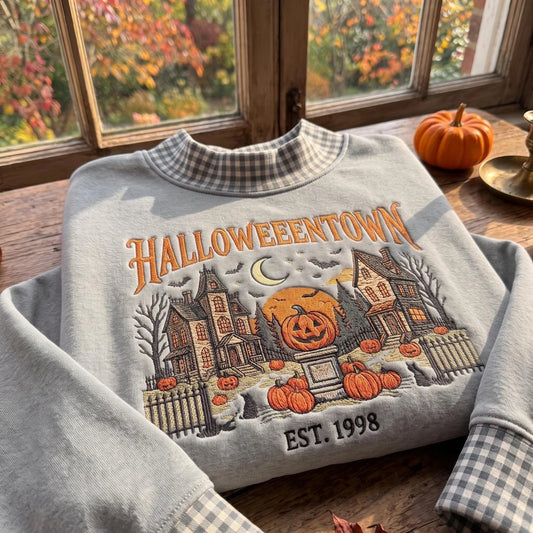 Embroidered Gingham Mock Neck Sweatshirt