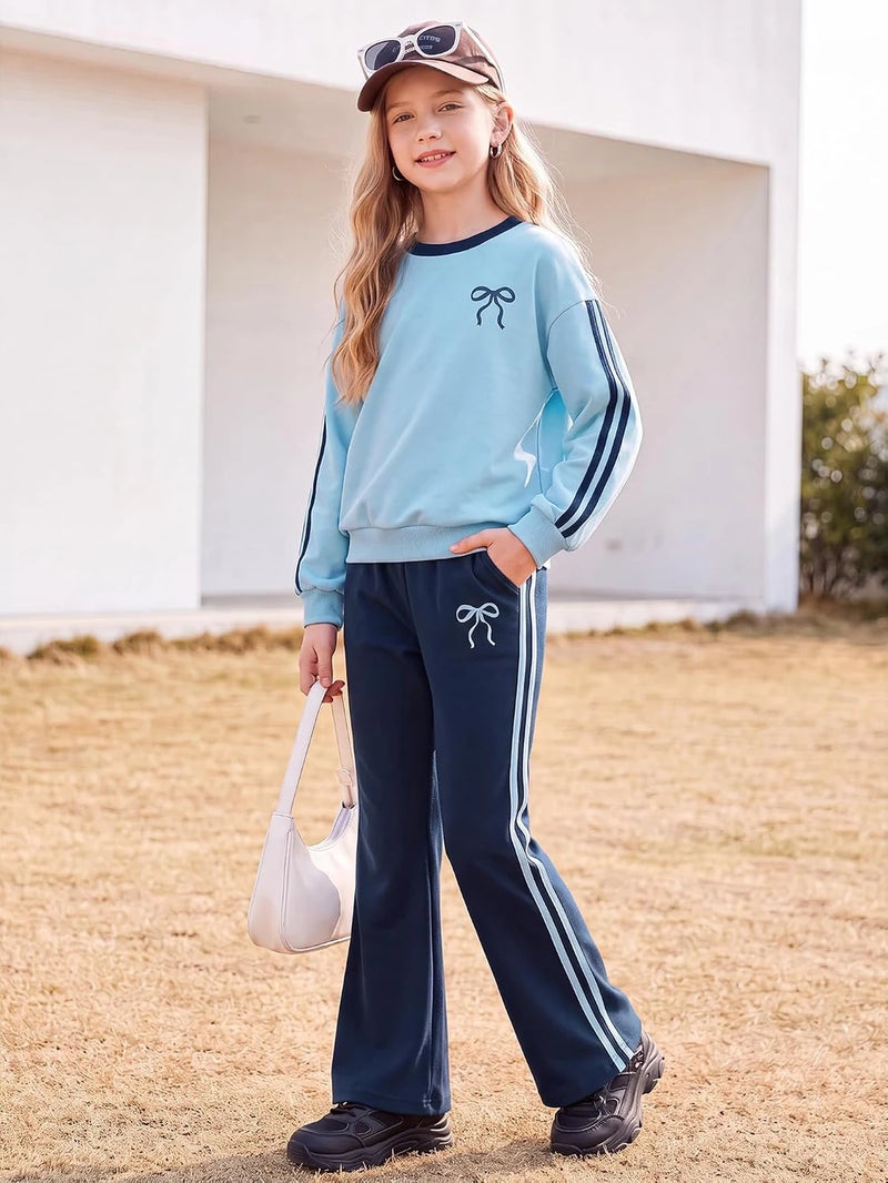 Girls Long Sleeve Bow Sweatshirt and Flared Pants Set