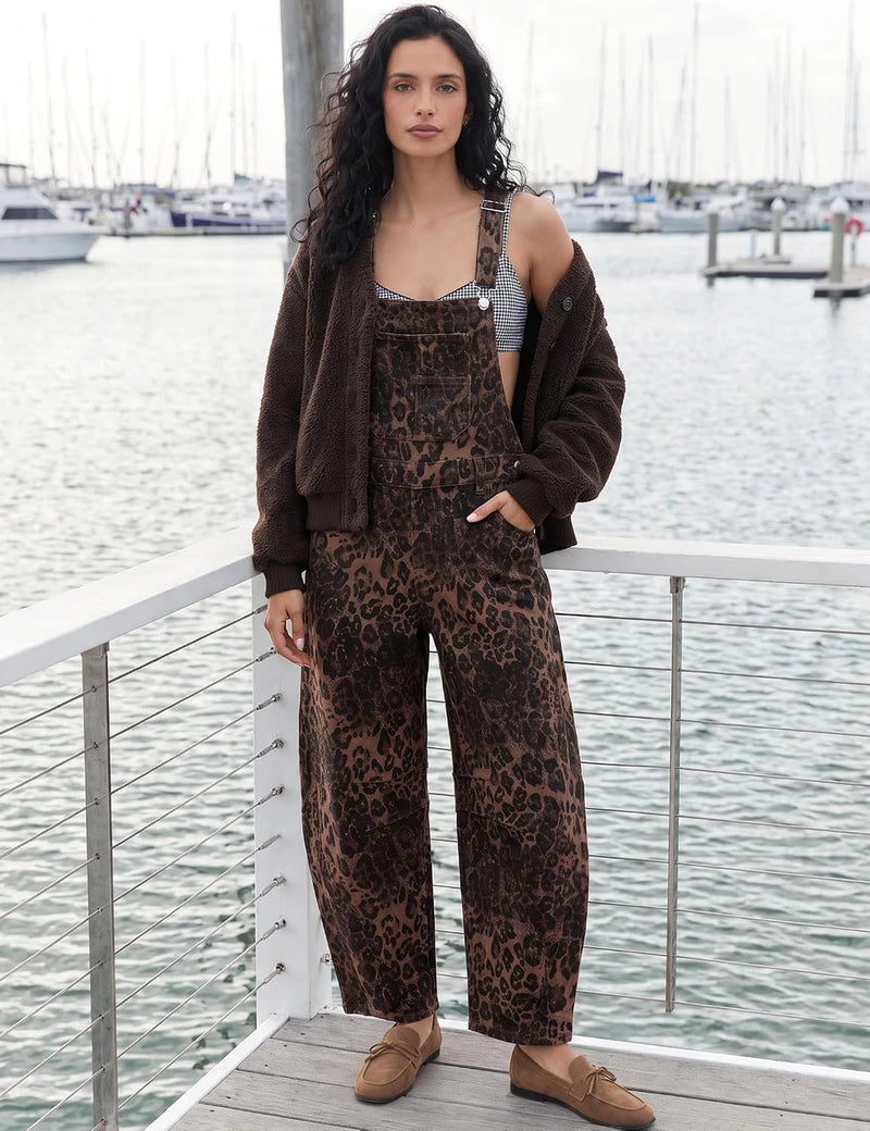Leopard Print Barrel Overalls