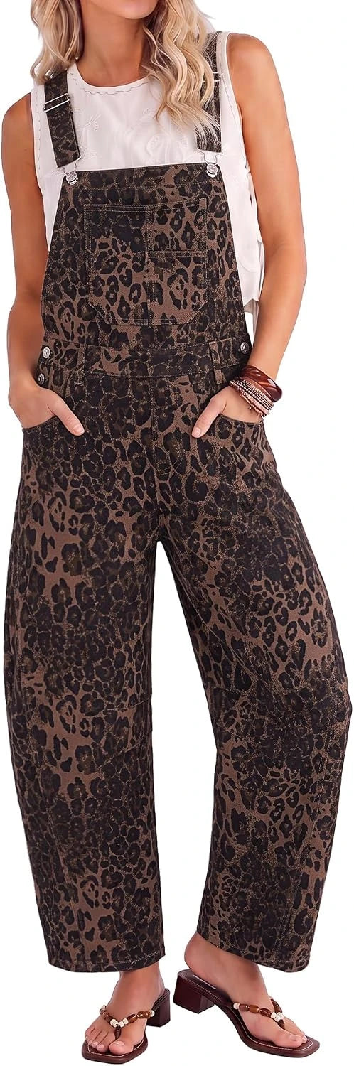 Leopard Print Barrel Overalls