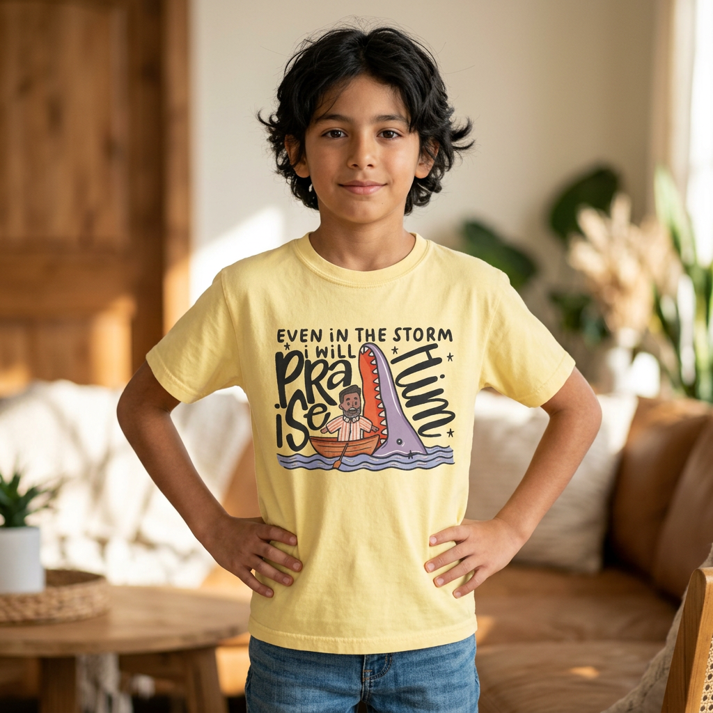 Youth Tee — "Even in the Storm I Will Praise Him" Christian Kids Prayer T‑Shirt