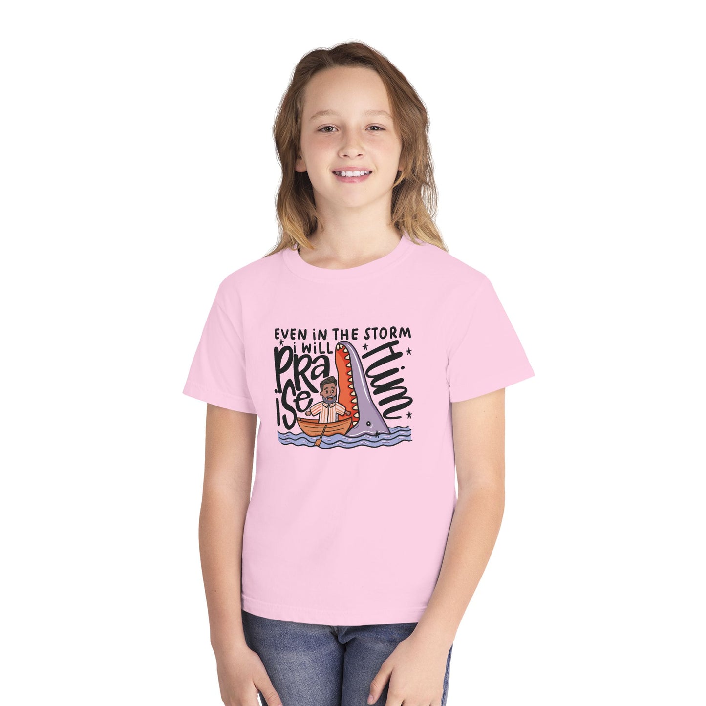 Youth Tee — "Even in the Storm I Will Praise Him" Christian Kids Prayer T‑Shirt