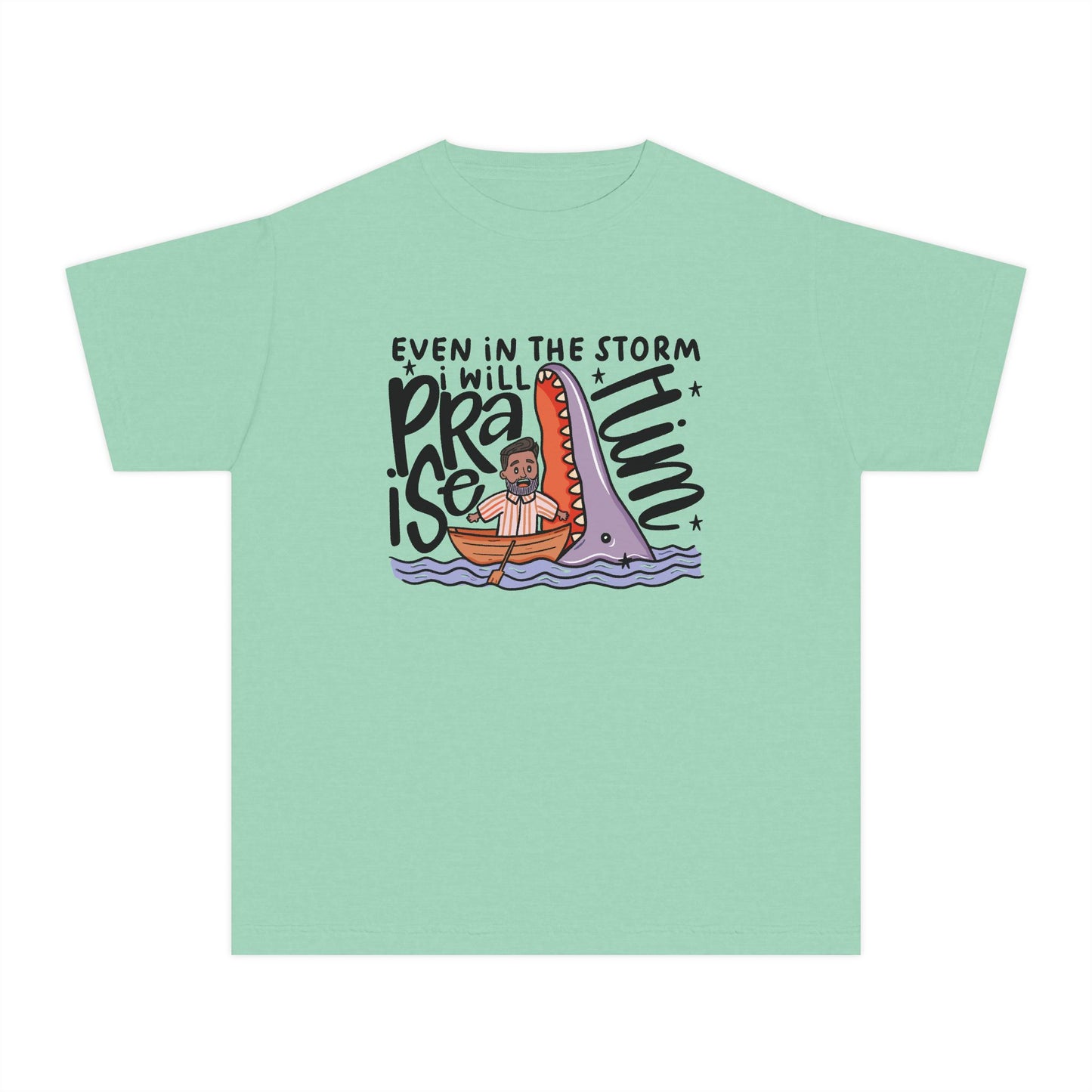 Youth Tee — "Even in the Storm I Will Praise Him" Christian Kids Prayer T‑Shirt