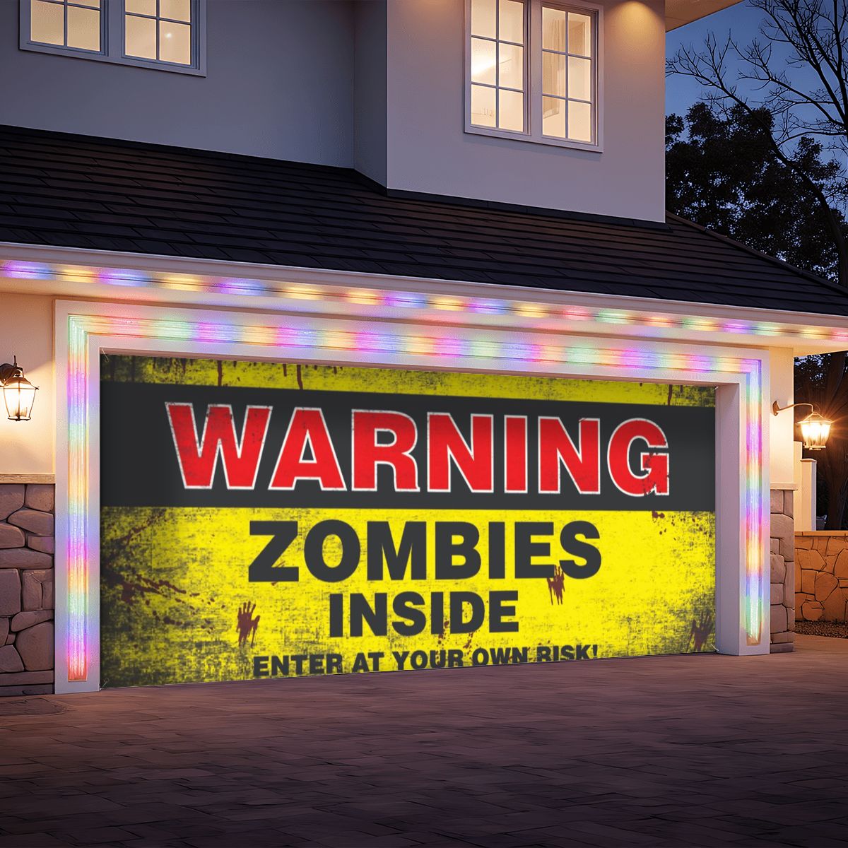 WARNING ZOMBIES Garage Door Banner Backdrop