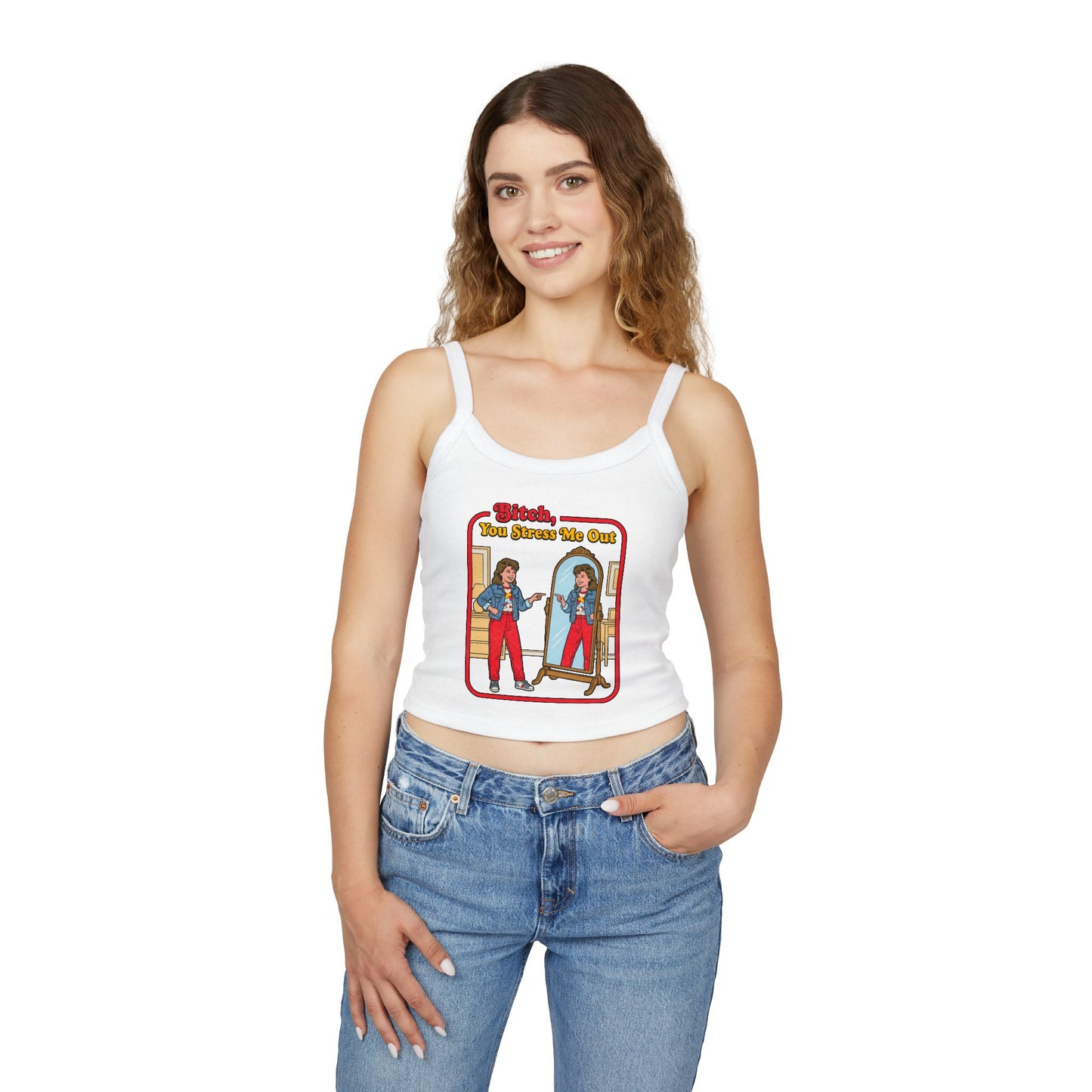 Vintage 'Bitch, You Stress Me Out' Women's Spaghetti Tank Top — Retro Mirror Graphic Crop