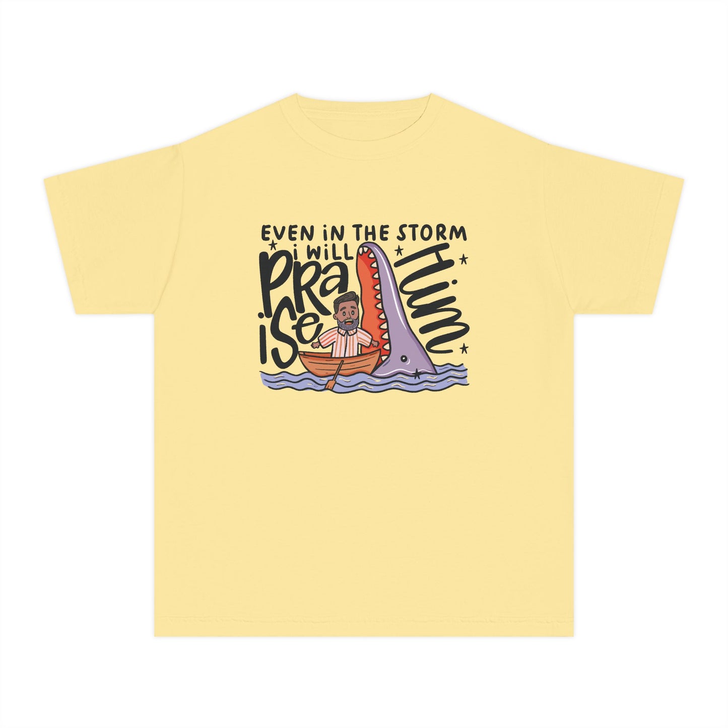 Youth Tee — "Even in the Storm I Will Praise Him" Christian Kids Prayer T‑Shirt