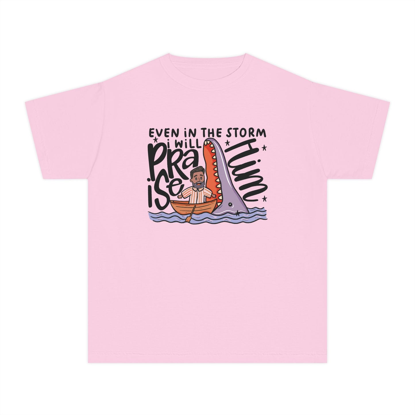 Youth Tee — "Even in the Storm I Will Praise Him" Christian Kids Prayer T‑Shirt