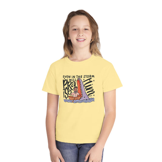 Youth Tee — "Even in the Storm I Will Praise Him" Christian Kids Prayer T‑Shirt