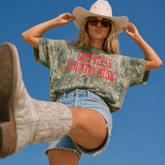 Pre Order Oct. 31st God Bless Country Music Vintage Wood Camo Oversized Boxy Tee