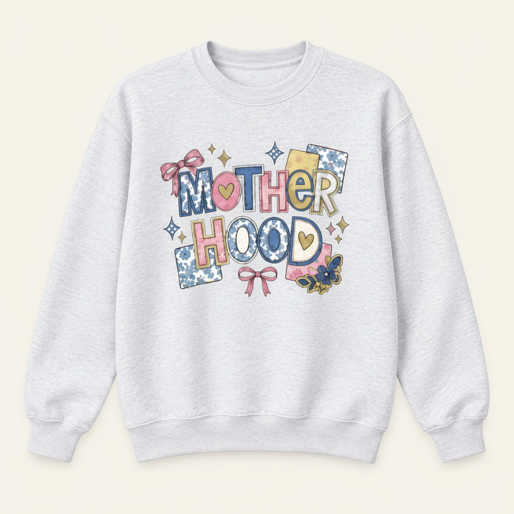 Ash motherhood graphic sweatshirt with colorful Mother Hood lettering, bows, hearts, stars, and butterfly