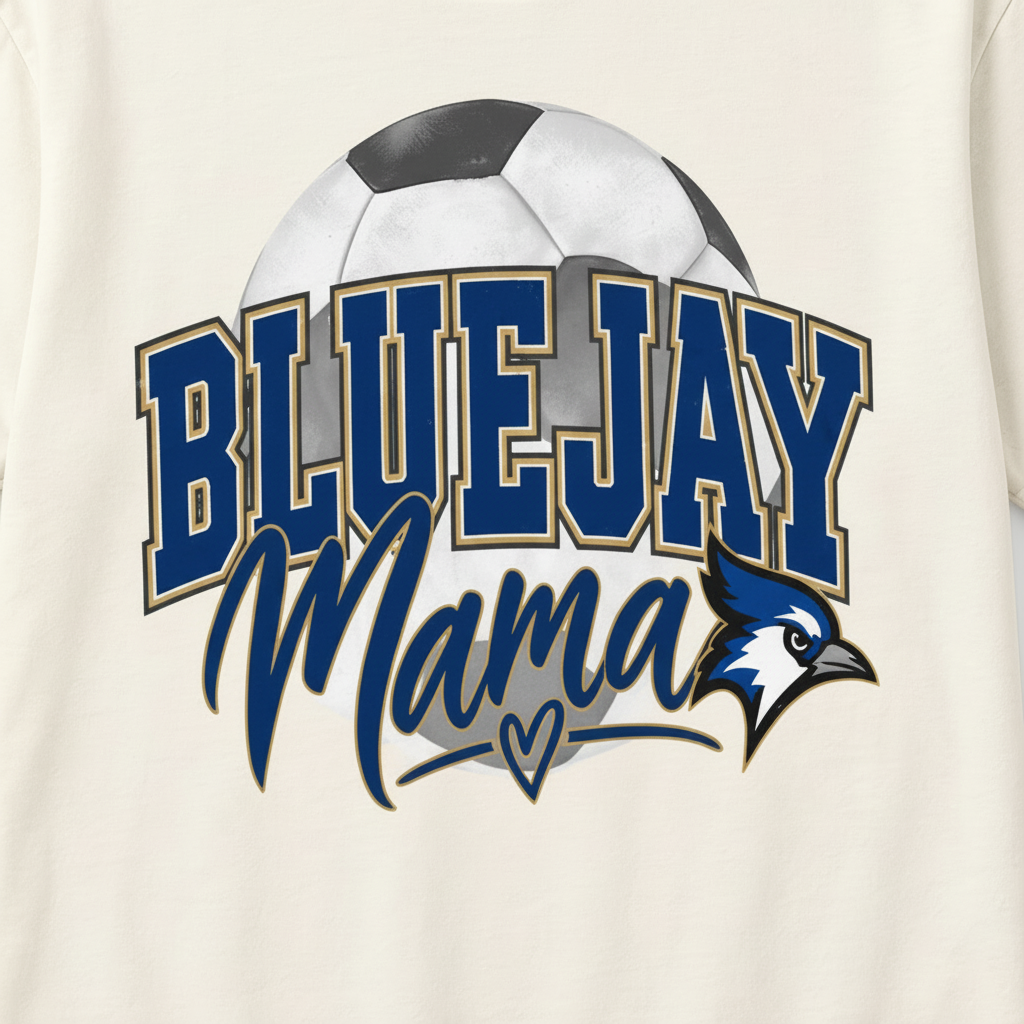 Close-up of the Bluejay Mama soccer graphic with soccer ball, navy lettering, gold outline, bird, and heart on an Ivory tee