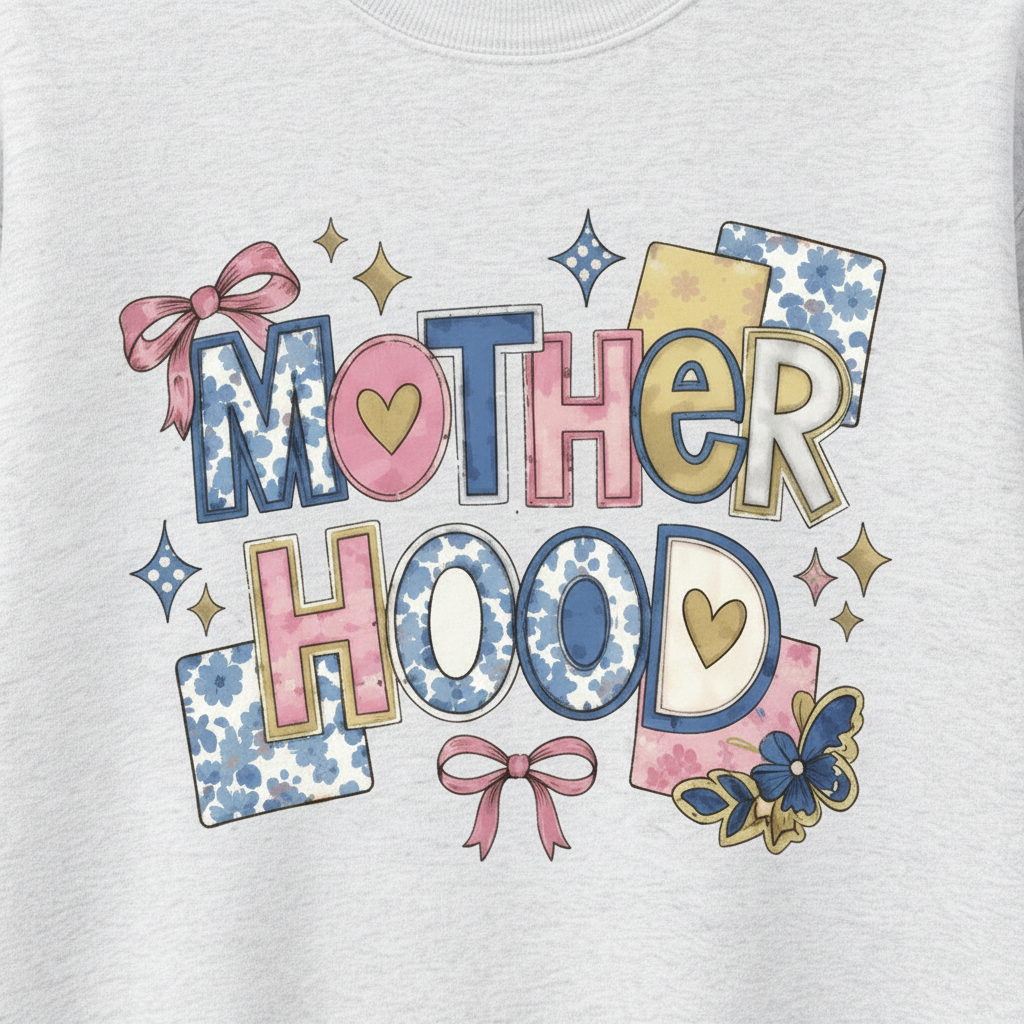 Close-up of the colorful Mother Hood graphic with bows, hearts, stars, floral lettering, and butterfly on an Ash sweatshirt